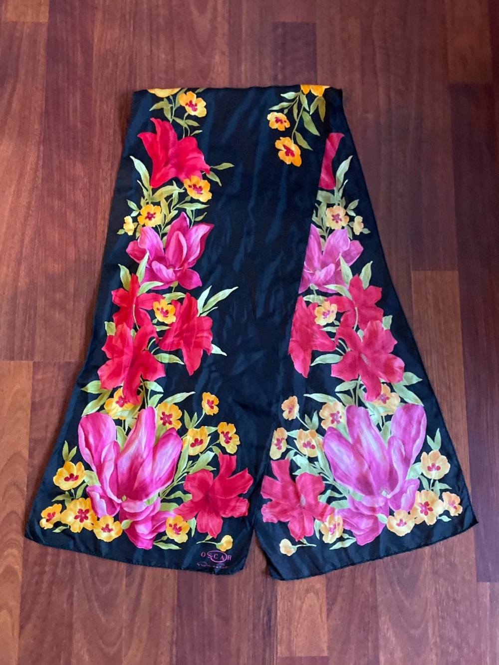 Vintage Oscar by Oscar de la Renta Long/Oblong Black Floral Silk Scarf